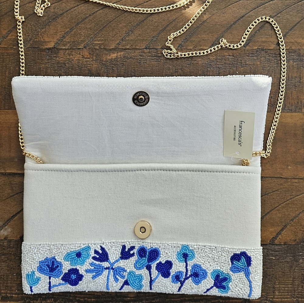 Beaded 'Marriage Material' Floral Clutch - Blue on Ivory - Picture 3 of 6